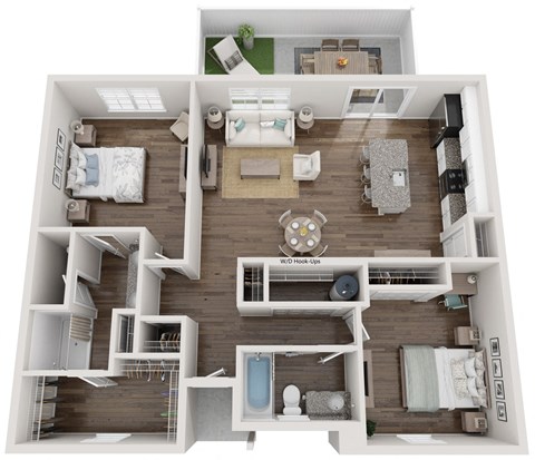 a 3d rendering of our 1 bedroom apartment at the crossings at white marsh apartments in white